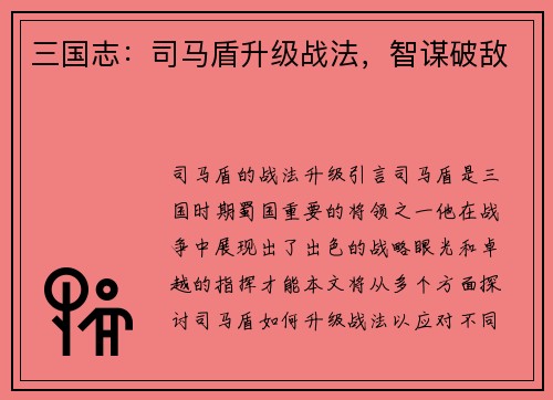 三国志：司马盾升级战法，智谋破敌